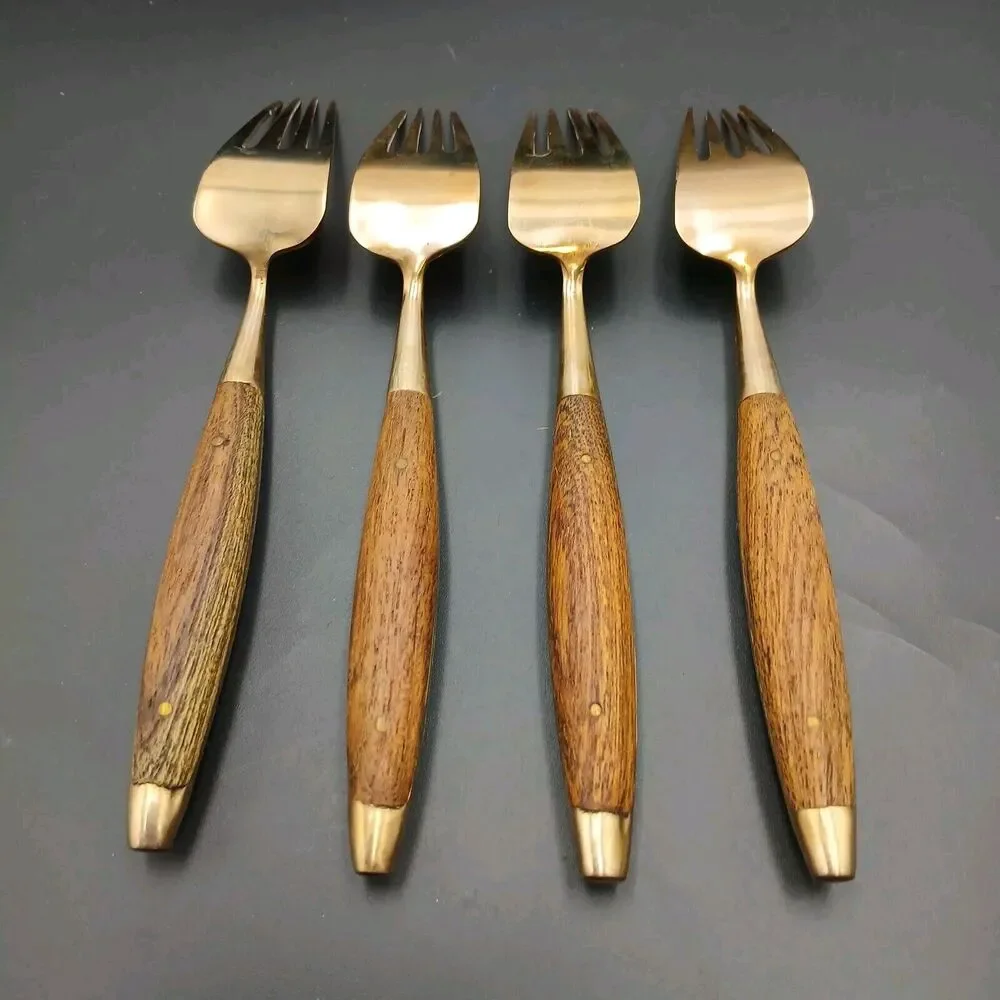 Antique Rosewood Bronze and Wood Set of 4 Salad Fork Thailand Rare